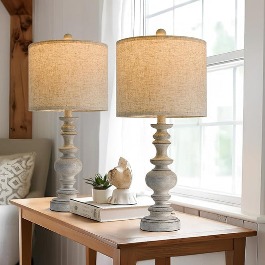 Farmhouse table lamp set of 2 with beige fabric shades and light gray resin bases