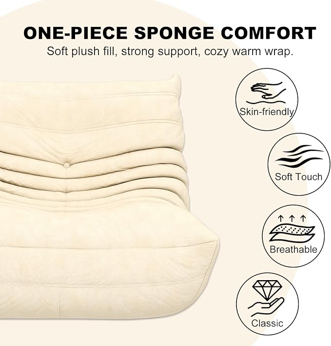 Cream Ripple Single Floor Lounge Chair - Togo-Style Solo Foam Seat for Reading Nook, Nursery, Living Room, and Quiet Moments for One