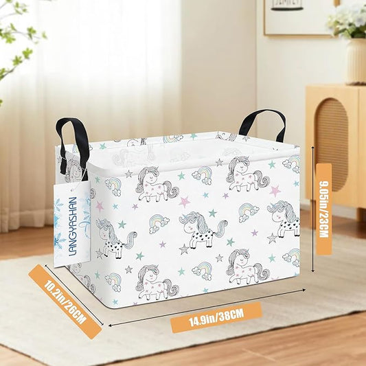 Rectangular collapsible canvas storage bin with handles, white unicorn print