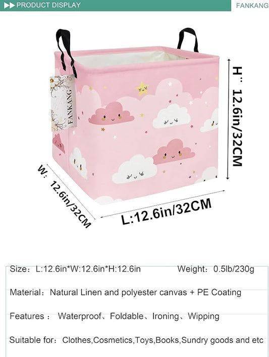Pink Cloud Canvas Storage Bin - Foldable Waterproof Nursery Basket for Girls Room, Toys, and Baby Shower Gifts