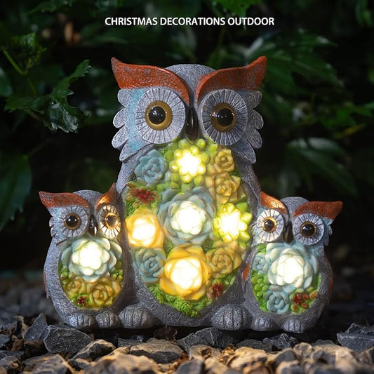 Solar Owl Garden Statue with Succulent LED Lights - IP65 Resin Outdoor Decor