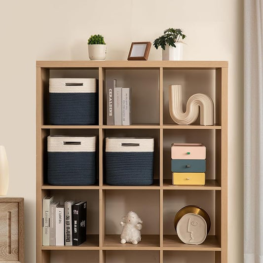Navy and Cream Woven Cotton Rope Cube Storage Baskets Set of 3 - Bold Two-Tone Organizer Bins for Shelves, Offices, and Boys Rooms