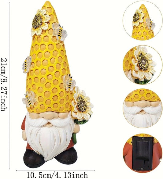 Garden gnome statue with honeycomb-yellow head, white beard, and sunflower-like flowers