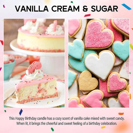 Vanilla cream & sugar birthday candle scent graphic with cake and heart-shaped cookies