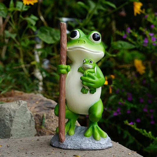 Mother and Baby Frog Garden Statue - Hand-Painted Resin Outdoor Yard Decor
