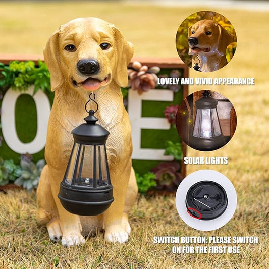 Solar Dog Garden Statue with Lantern - 12.9-Inch Resin Outdoor Decor