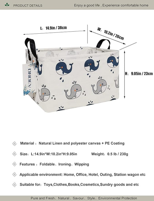 Whale Print Canvas Storage Basket - Waterproof Collapsible Nursery Basket for Toys, Laundry, and Baby Gifts