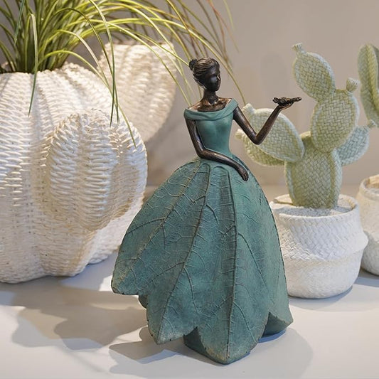 Leaf Angel Fairy Statue with Dragonfly - Vintage Bronze Resin Indoor and Outdoor Garden Decor