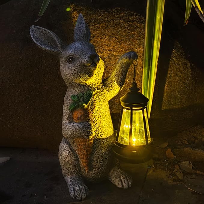 Solar Rabbit Garden Statue with Lantern and Carrot - Handmade Resin Pathway and Patio Decor