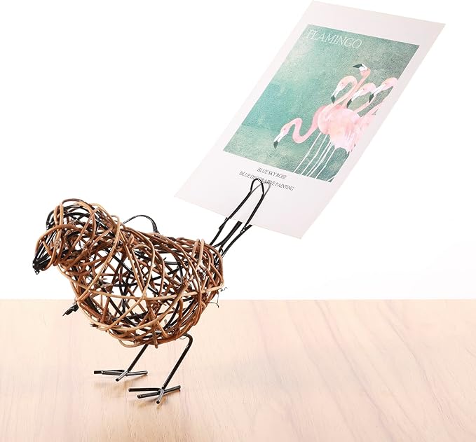Rattan Bird Statue Set of 3 - Farmhouse Table Decor with Hidden Memo Clips, Adjustable Bases, and Rustic Shelf Accents