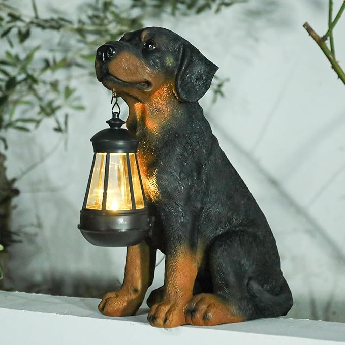 Solar Rottweiler Garden Statue with LED Light - 13-Inch Resin Dog Outdoor Decor