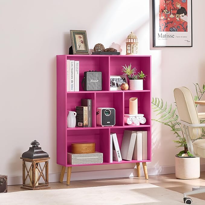 Pink 7-Cube Criss-Cross Bookshelf with Legs - Narrow 3-Tier Laminated Open Bookcase for Nursery and Small Spaces