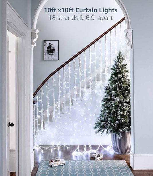 Cool White LED Curtain Fairy Lights – 306 LEDs 10x10ft | 18 Dense Strands 8 Modes Memory Function | Bedroom Wedding Party Backdrop Indoor