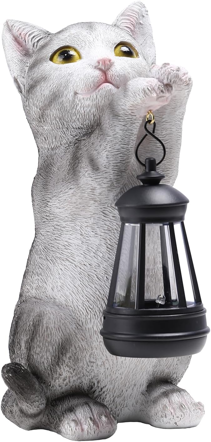 British Shorthair Cat Solar Garden Statue with Lantern - Weather-Resistant Resin Decor