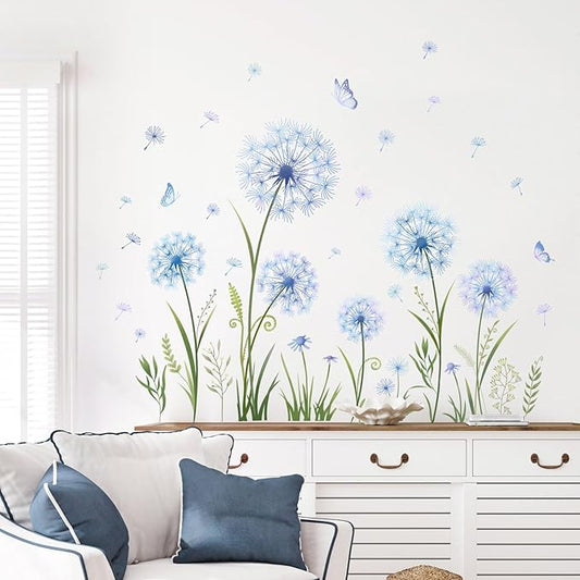 Blue dandelion flower wall decals with green grass stems and small butterfly silhouettes