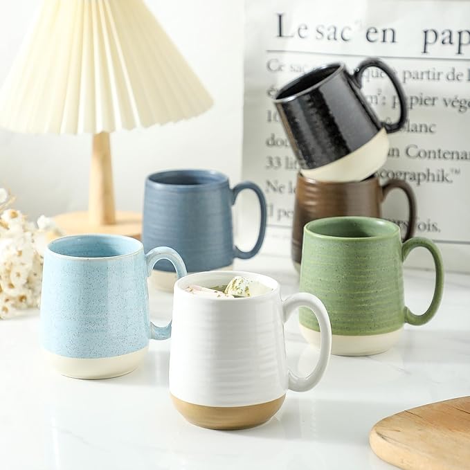 Classic White Ceramic Coffee Mugs – Set of 6 | 15oz Two-Tone Matte & Gloss Finish | Dishwasher & Microwave Safe | Coffee Gift Set