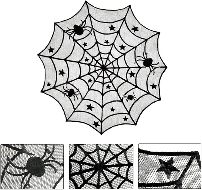 Spider web Halloween table topper design with stars and spiders, detailed close-up
