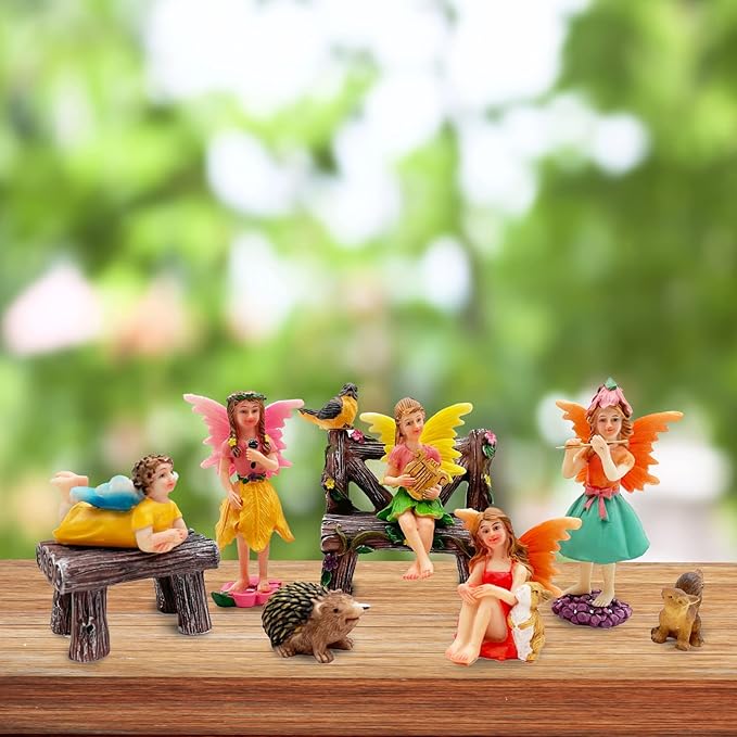 Set of 10 Fairy Garden Figurines with Forest Animals and Benches - Resin Outdoor Decor