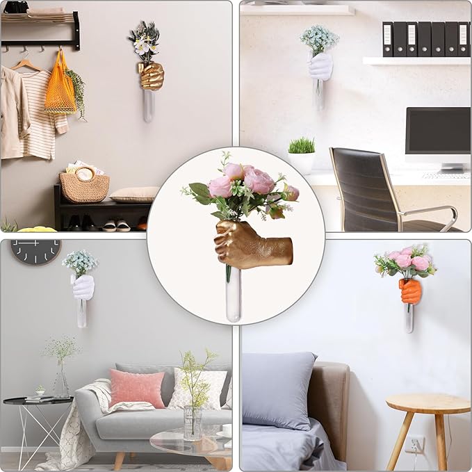 Gold Hand Wall Vase Sculpture - Modern Wall-Mounted Art with Glass Test Tube for Flowers, Plants, and Decorative Branches