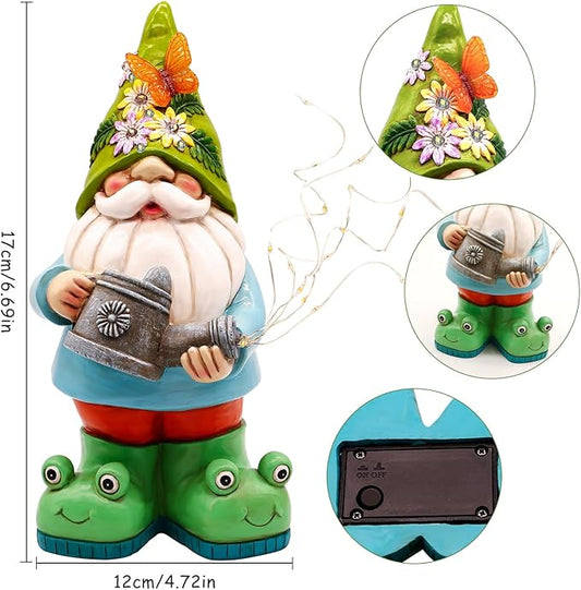 Solar LED gnome with floral hat accents and gray watering can detail