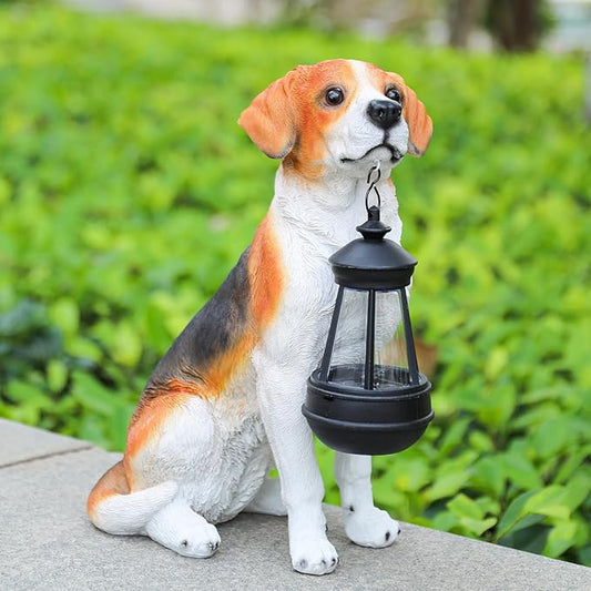 Solar Beagle Dog Garden Statue with Lantern - 11.8-Inch Resin Outdoor Decor
