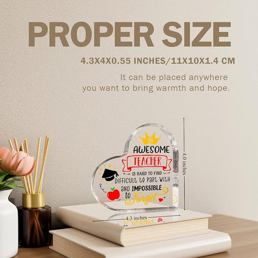 Acrylic heart teacher keepsake with 'Awesome Teacher' message and size details.