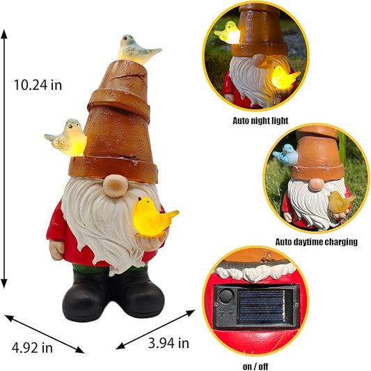 Solar gnome garden statue, stacked brown design, white beard, red outfit, blue/yellow birds