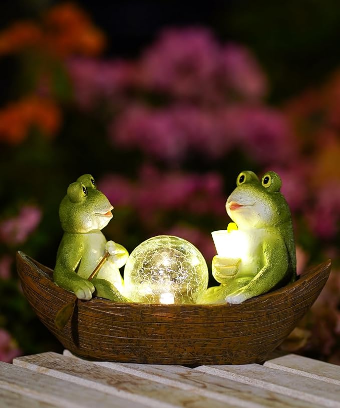 Solar Frogs in a Boat Garden Statue - IP44 Waterproof Resin Outdoor Sculpture and Yard Decor