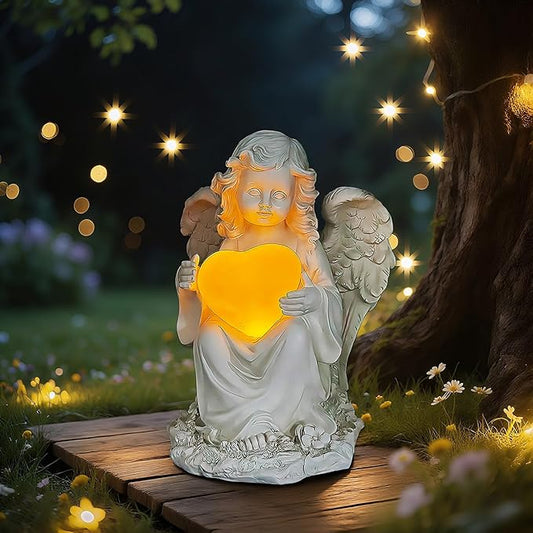 Solar Angel Garden Statue with Glowing Heart - Resin Outdoor Memorial and Love Decor