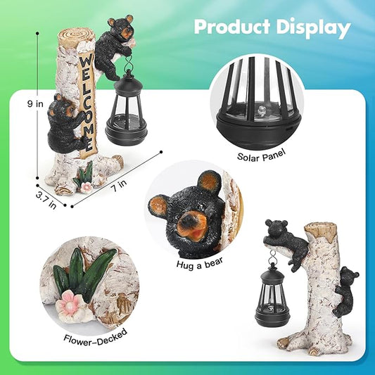 Solar bear yard art statue with Welcome sign and hanging lantern, with size diagrams