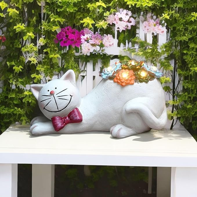 Cat Solar Garden Statue with Succulent and LED Lights - Waterproof Resin Outdoor Decor