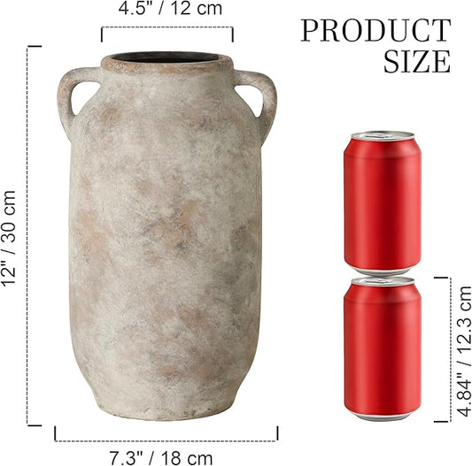 Textured ceramic vase, light gray, with two handles; product size diagram shown.