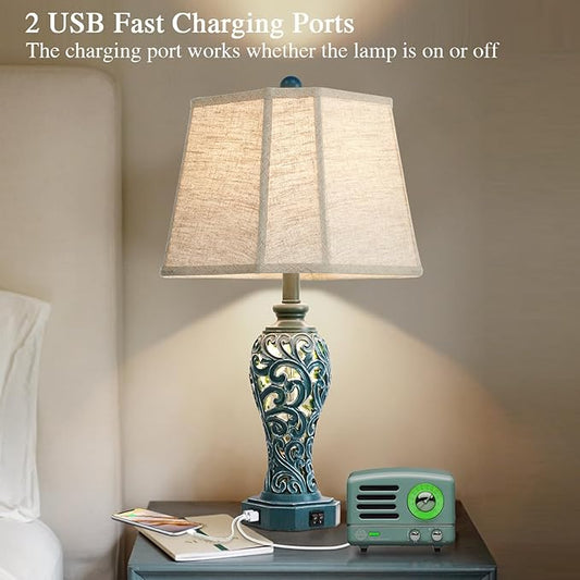 Blue-green table lamp with beige shade, dual USB ports on base for fast charging