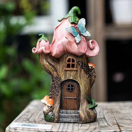 Resin mushroom house gnome solar light with pink roof, butterfly accents, glowing window