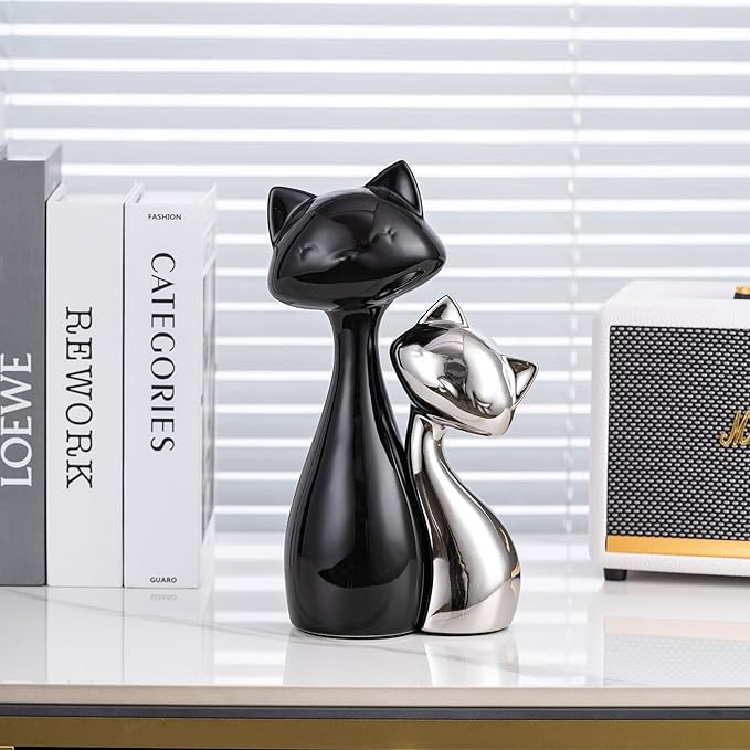 Ceramic Cat Statue Set of 2 - Modern Collectible Home Decor for Cat Lovers
