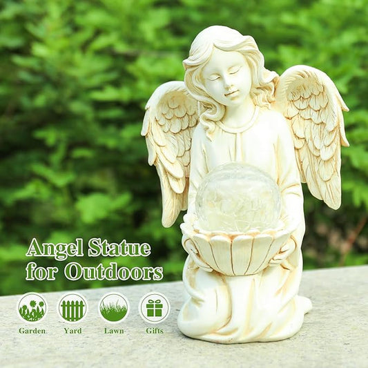 Solar Angel Garden Statue Holding Lotus with Crackle Glass Globe - UV-Resistant Resin Outdoor Decor