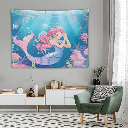 HZOHNAGO Mermaid Girls Tapestry Watercolor Flowers Mermaid Princess Blessing Pattern for Kids Room Decoration Printed Wall Tapestry Wall Hanging for Bedroom Living Room Dorm 80" W x 60" H