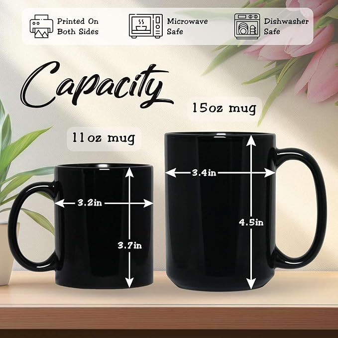 Black 11 oz and 15 oz mugs size diagram with galaxy heart and name Sarah