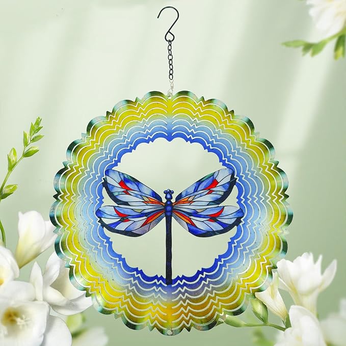 Hanging dragonfly wind spinner with blue and red wings, layered scalloped green-yellow ring