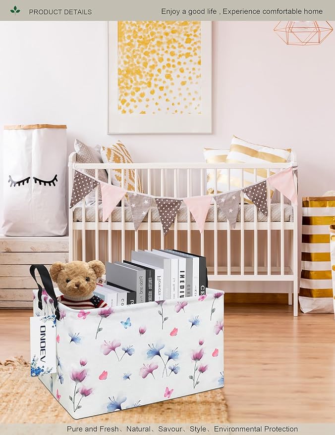 Watercolor Floral Canvas Storage Hamper Basket - Foldable Waterproof Flower and Butterfly Bin for Girls Room, Bathroom, and Gift Hampers