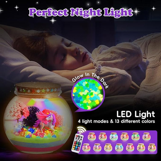 Glowing unicorn terrarium jar with multicolor LED light and color remote