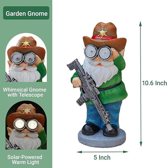 Solar garden gnome decor statue with telescope, brown hat, green jacket, blue pants; 10.6 in