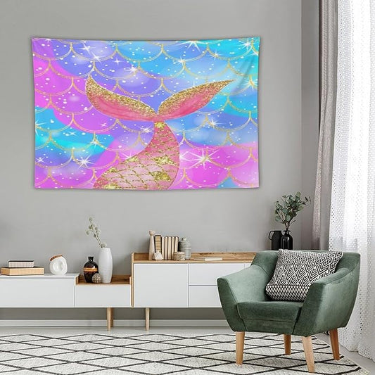 Mermaid Scales Wall Tapestry – 90" x 60" XL Colourful Shiny Mermaid Tail Pattern | Widest Statement Size | Bedroom Living Room Dorm Feature Wall