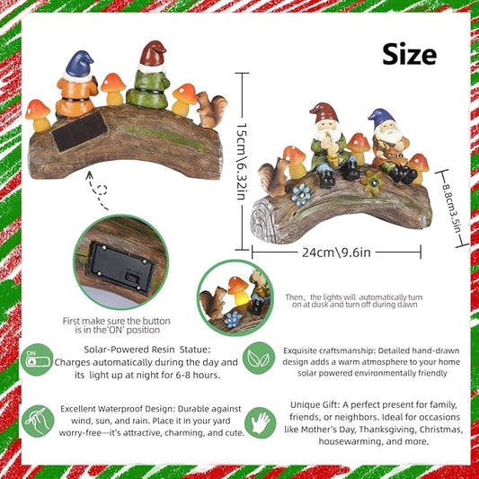 Solar garden gnome statue packaging insert showing size diagram and solar switch.