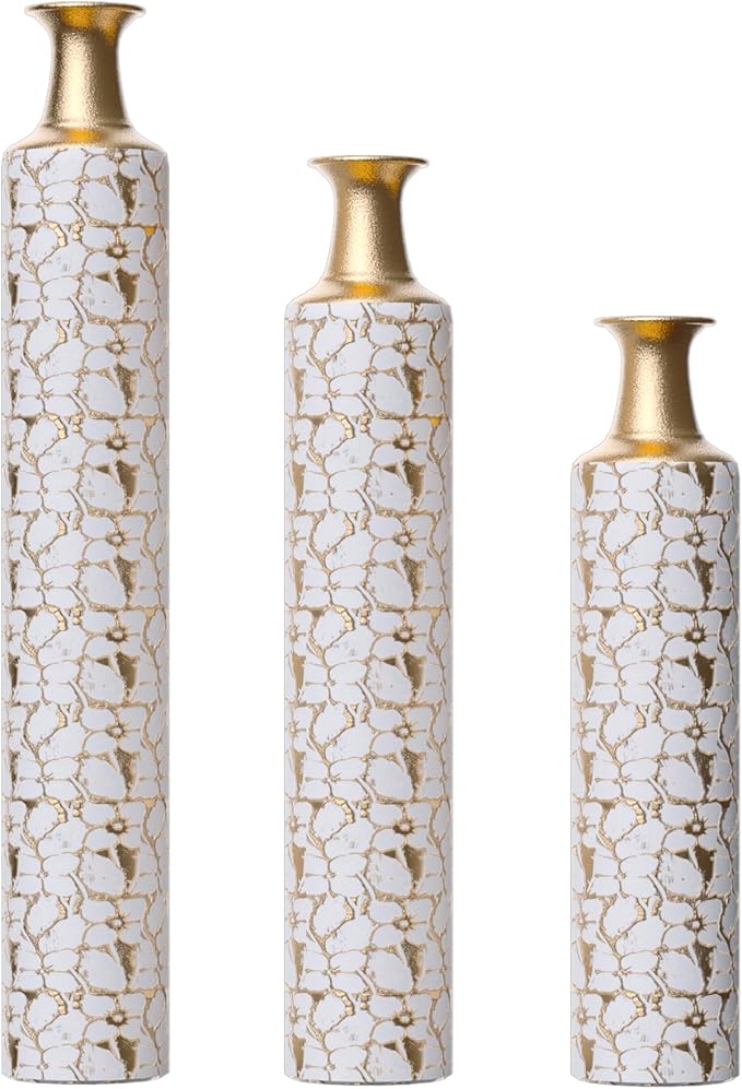 Three antique white and gold twig-pattern metal floor vases with flared gold rims