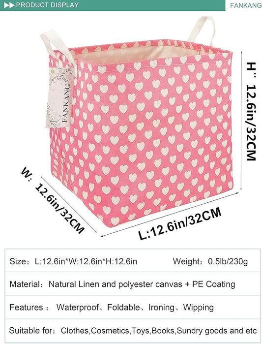 Pink Heart Canvas Storage Bin - Foldable Waterproof Nursery Basket for Girls Room, Hamper Gift Building, and Sweet Gift Giving