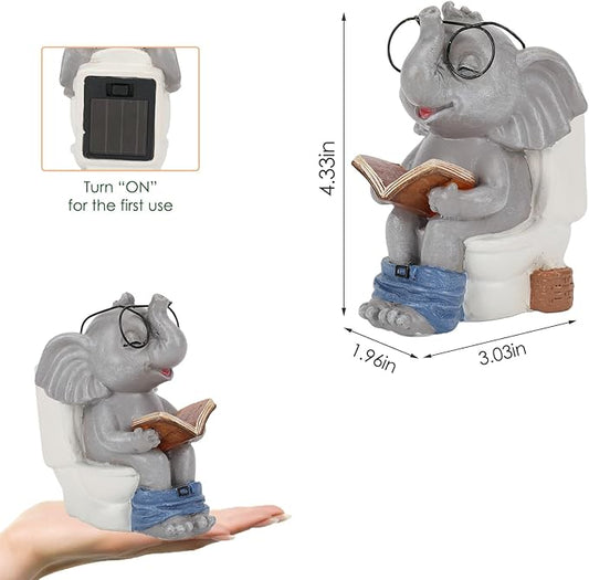 Mini Elephant Solar Garden Statue Reading a Book - IP65 Resin Fairy Garden Decor