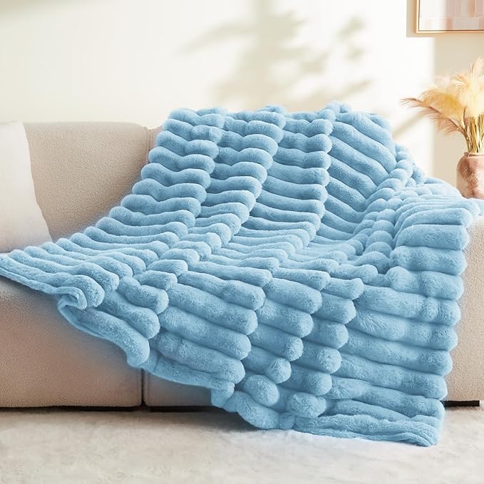 Light Blue Faux Rabbit Fur Throw Blanket – 50"x60" | 770GSM Double-Sided Luxury Fluffy Blanket | All Seasons | 3D Striped Plush Couch Throw