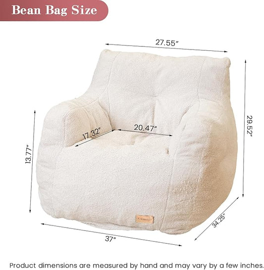 White Faux Fur Memory Foam Bean Bag Chair - Tufted Cloud Lounge Chair with Armrests for Reading Nook, Bedroom, Living Room, and Dorm
