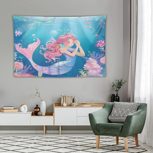 Floral Mermaid Princess Wall Tapestry – 60" x 40" Watercolour Flowers & Blessing Design | Girls Bedroom Nursery Kids Room | Wall Hanging